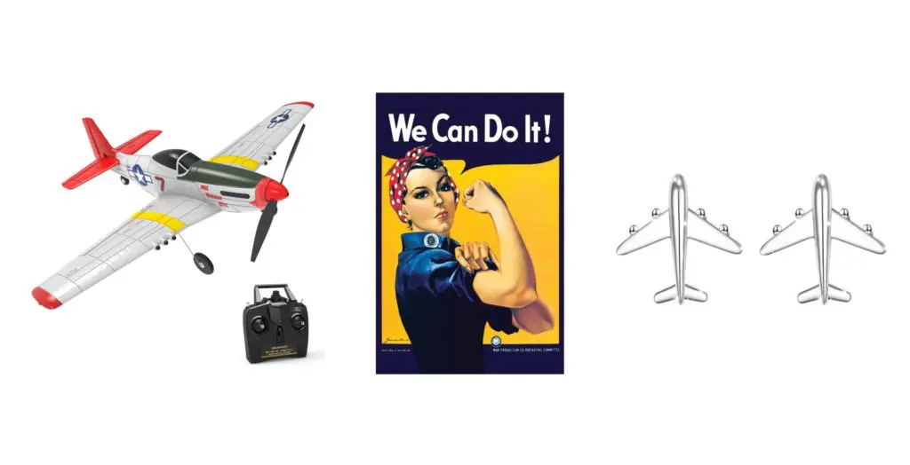 Photograph of aviation themed Amazon gifts like a remote control plane, riveter poster, toy planes.