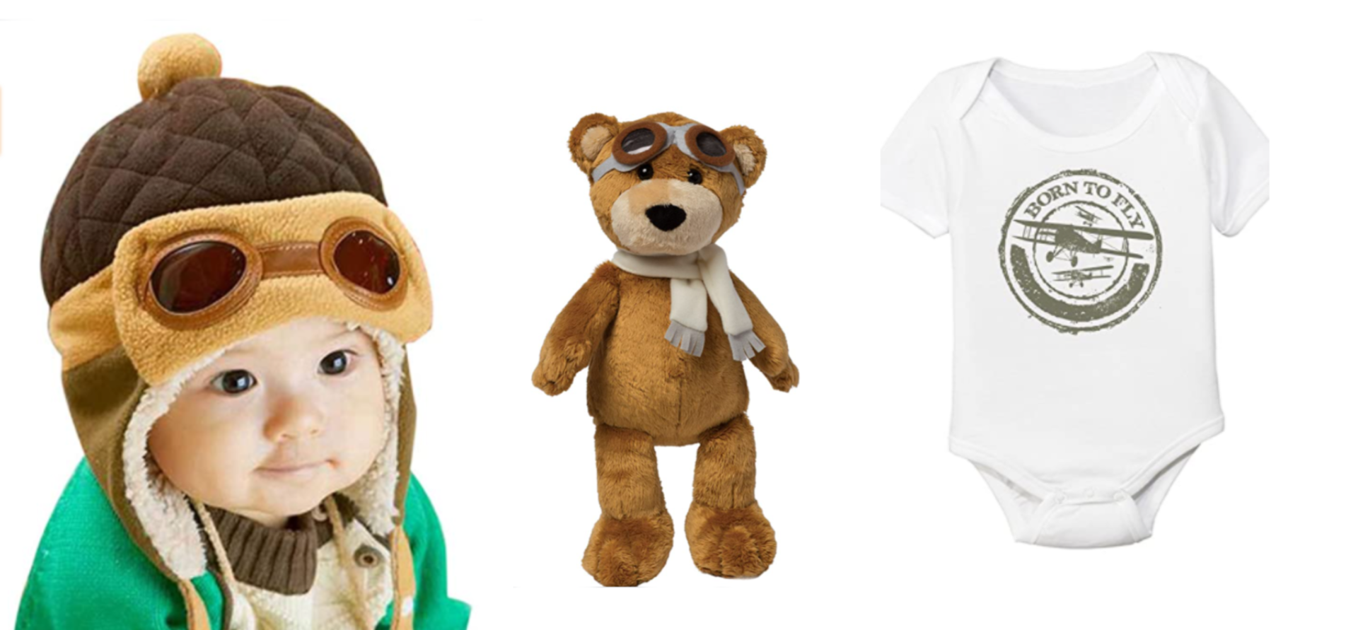 Picture of child in pilot cap, teddy bear pilot, and Pearl Harbor baby onsie in white.