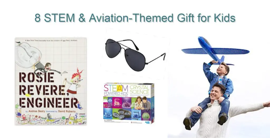 Photo of aviation themed Amazon gifts for kids. Books on flight, kids aviator sun glasses, large toy plane.