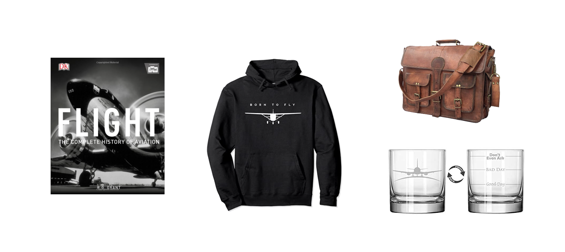 Picture of book, hoodie, laptop shoulder bag, and whiskey glasses, all customized with pilot graphics.