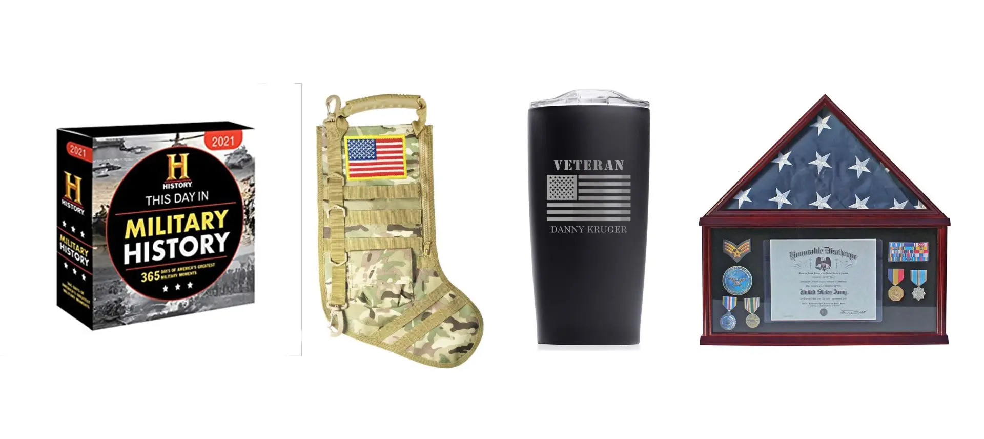 Photo of military gifts on Amazon like a Christmas stocking and flag case.