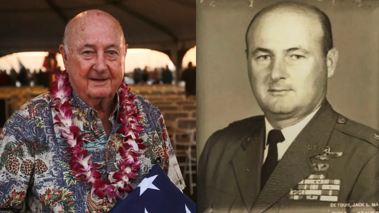 Retired Air Force Col. Jack Detour remembers his days as a B-25 Bomber pilot during WWII. (Left: U.S. Marine Corps photo by Lance Cpl. Maximiliano Rosas/Released)