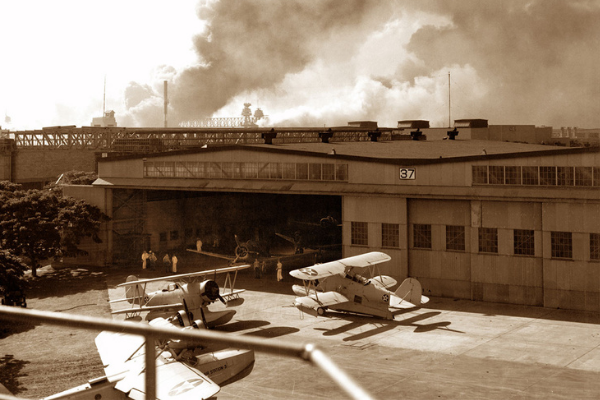 Historic Hangar 37 during the December 7, 1941 attack on Pearl Harbor.