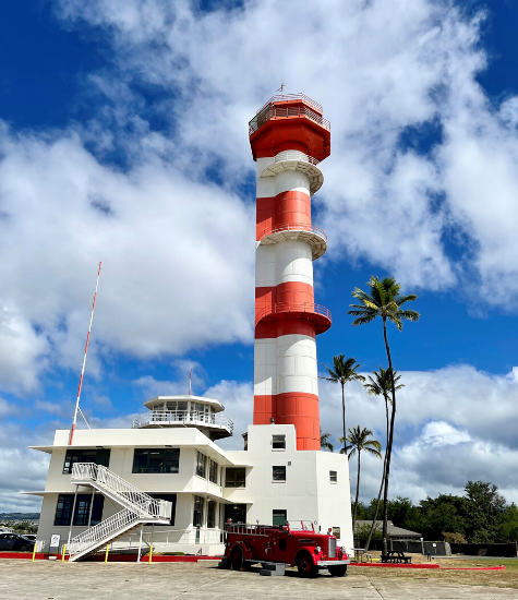 Restored 1937 Pirsch firetruck in front of Ford Island Control Tower