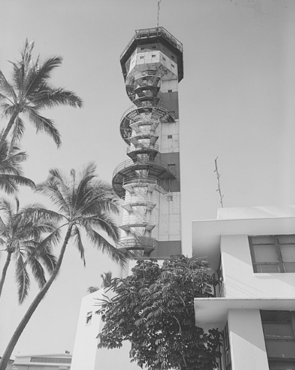 Black and white photo taken from the base of the Ford Island Control Tower