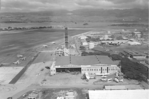 Aerial, black and white photograph of building S48 and tower
