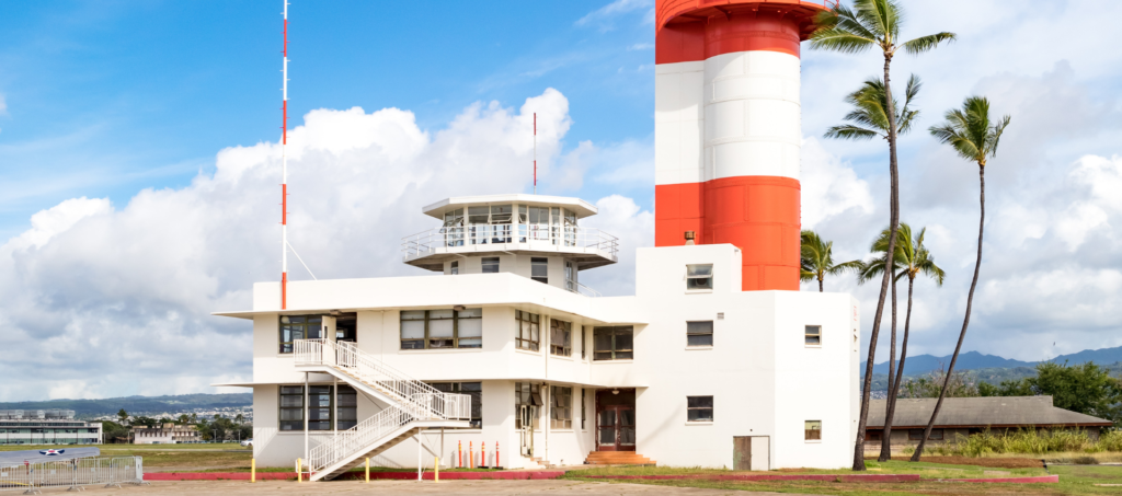 Photograph of the newly painted exterior of the Ford Island Control Tower.