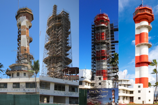 Photograph collage of the stages of the control tower restoration process. From left to right, before, during, almost complete, and fully renovated photos.