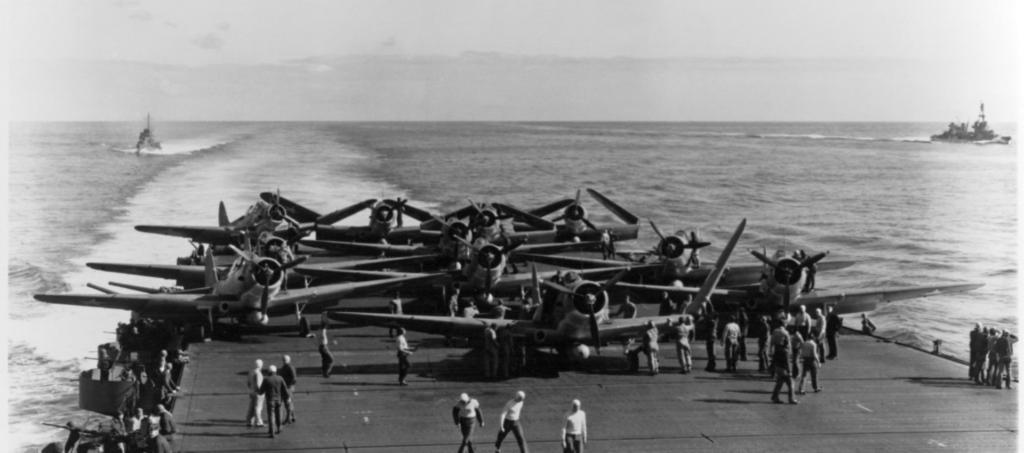 Photo of many aircrafts parked on an airship from the Battle of Midway, June 1942.