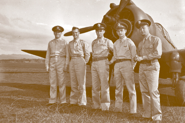 USAAF fighter pilots with at least one kill during Pearl Harbor attack posing before a P-36 Hawk fighter (from left): 
LT Lewis Sanders, 2LT Philip Rasmussen, 2LT Kenneth Taylor, 2LT George Welch, 2LT Harry Brown.