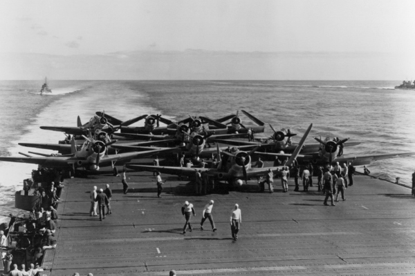 Photo of Torpedo Squadron Six (VT-6) TBD-1 aircraft are prepared for launching on USS Enterprise (CV-6) at about 0730-0740 hrs, 4 June 1942.