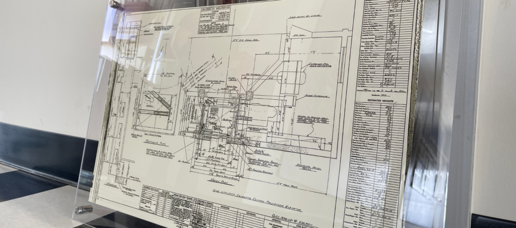Photo of the original Ford Island Tower elevator plans provided by Otis Elevators.
