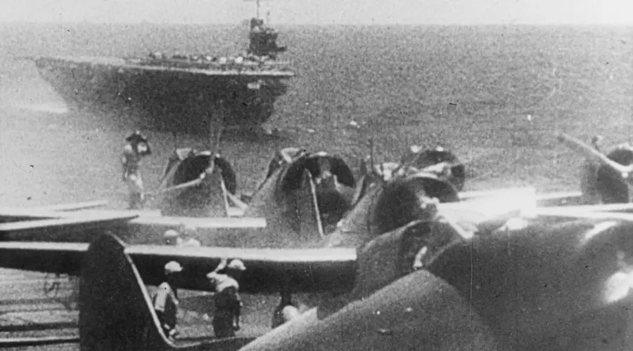 Japanese Navy Bomber (Val) prepares to take off from aircraft carrier on morning of December 7, 1941.
