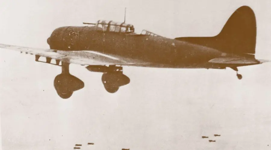 Vintage photograph of Japanese Bomber (Val) aircraft in flight.