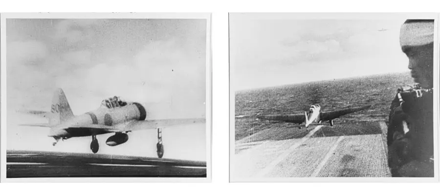 Left: Japanese Navy Zero fighter take off from aircraft carrier. Right: Japanese Navy attack plane Kate take off in route to Pearl Harbor.