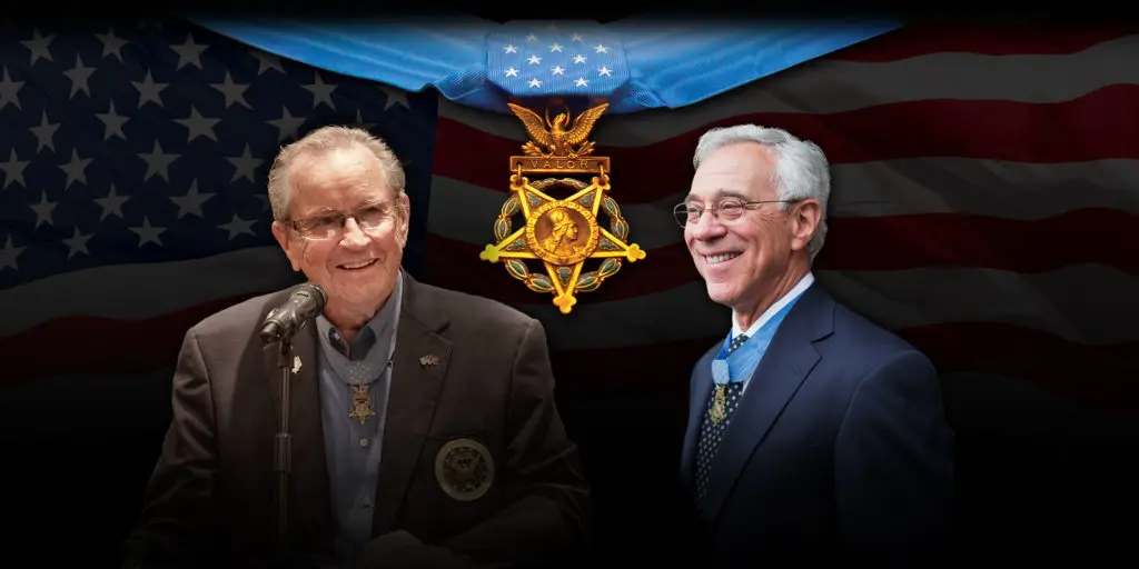Photograph of Medal of Honor Recipient Major General Patrick Henry Brady, USA (Ret) and Lieutenant General Dan “Fig” Leaf, USAF (Ret) in the Museum theater.