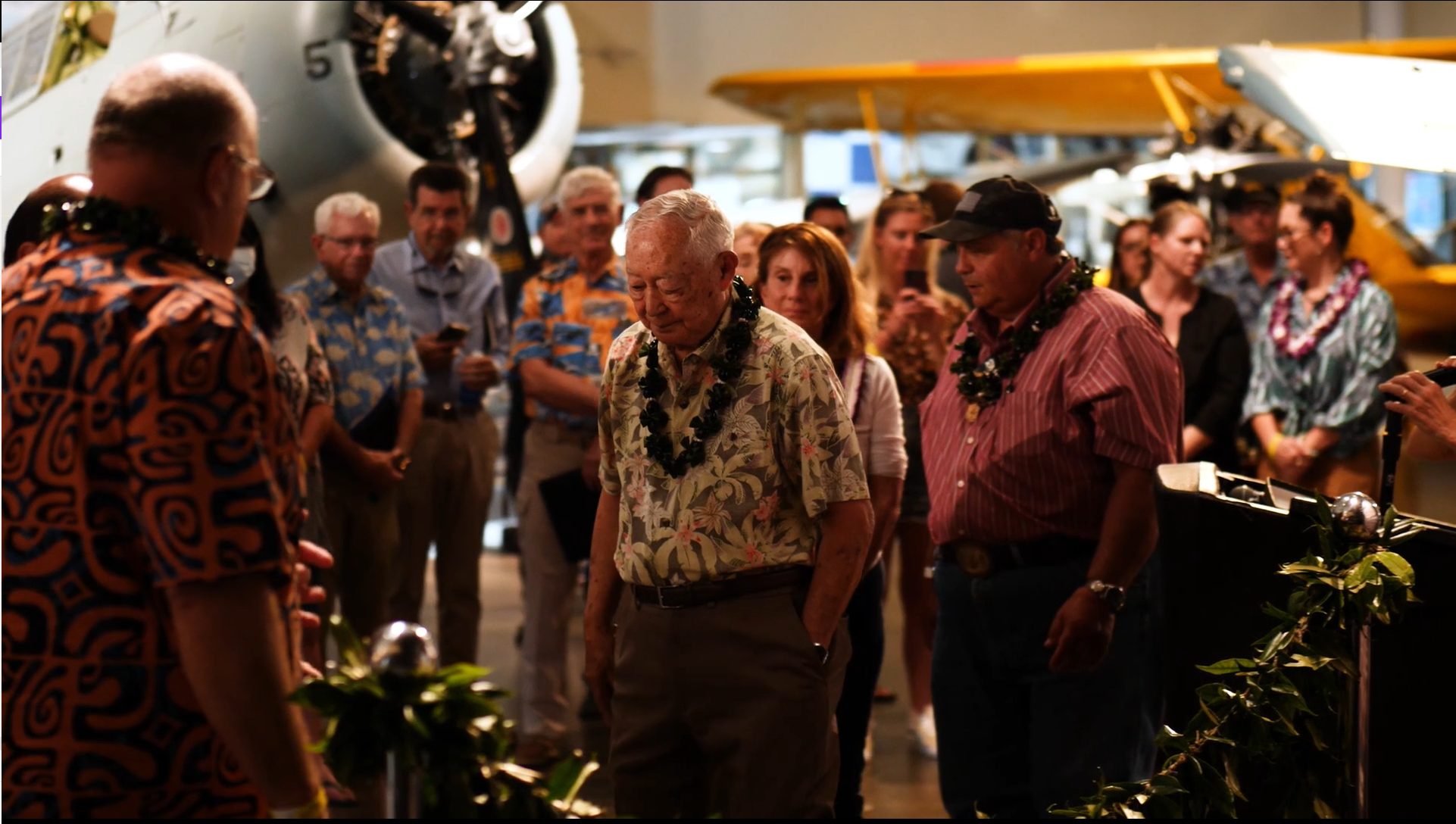 Photograph of a traditional Hawaiian blessing at opening day of new PHAM exhibit called "Unveiling Maui in Wartime".