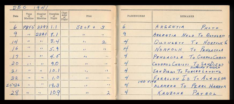 Image of flight log in old paper book with ink hand writing.