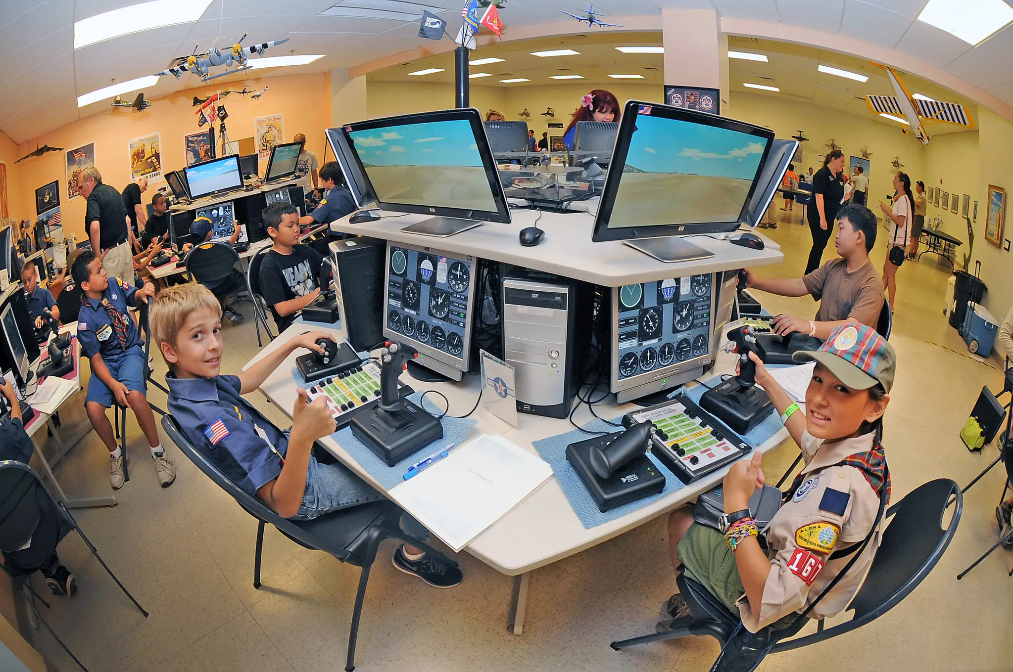 Scouts using flight simulator