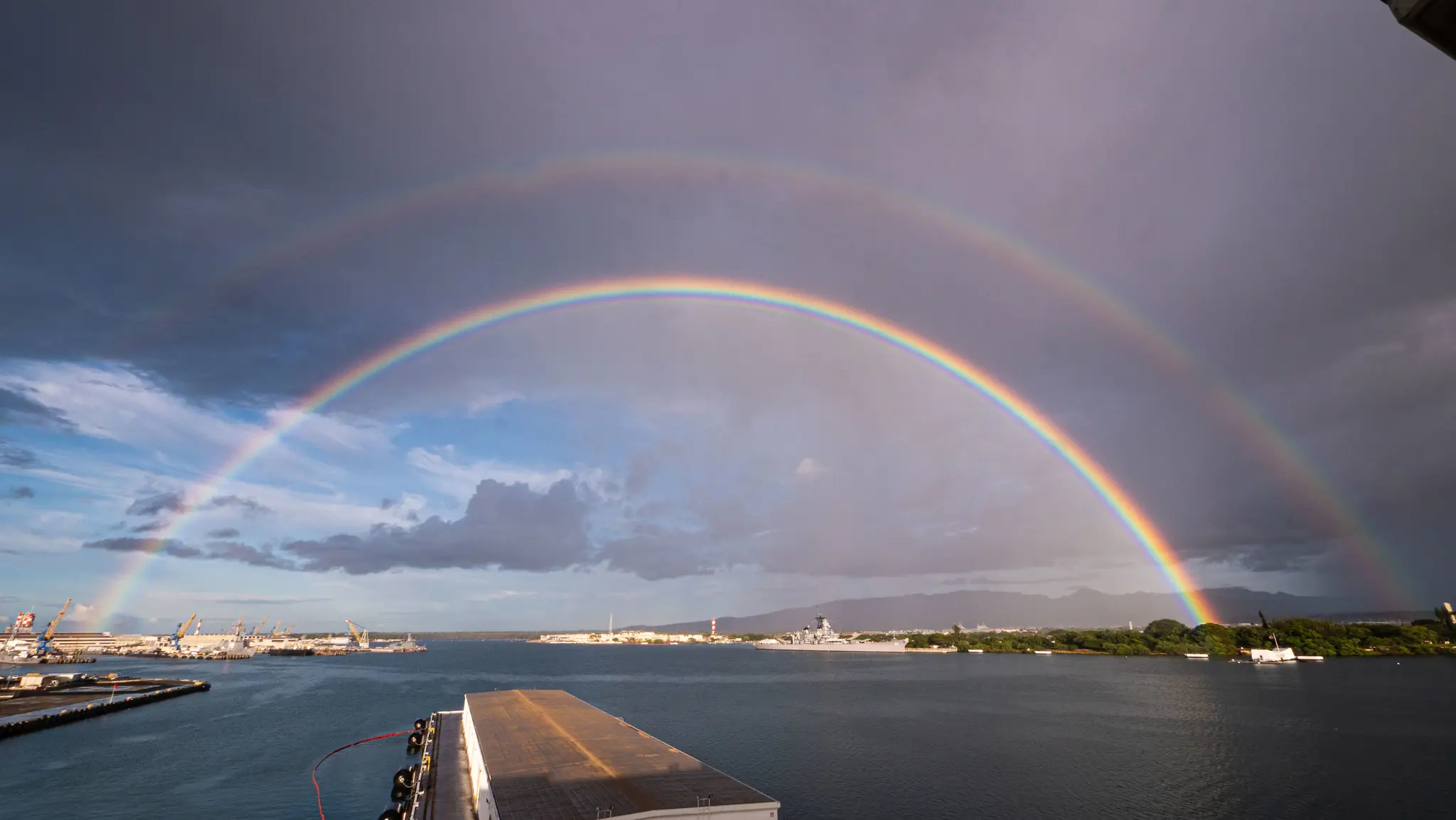 Photo of a rainbow over Pearl Harbor