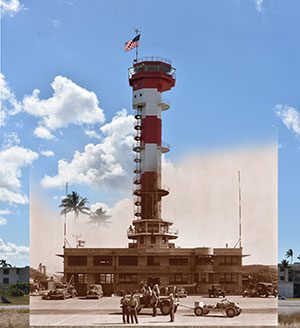 Photoshopped image that shows both the past and present Control Tower.
