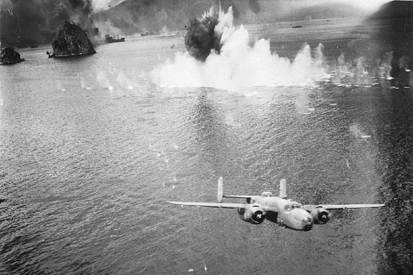 A B-25 engaged in "mast head" bombing in New Guinea.
