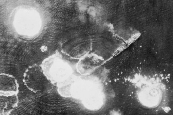 Japanese transport under aerial attack in the Bismarck Sea March 3, 1943.