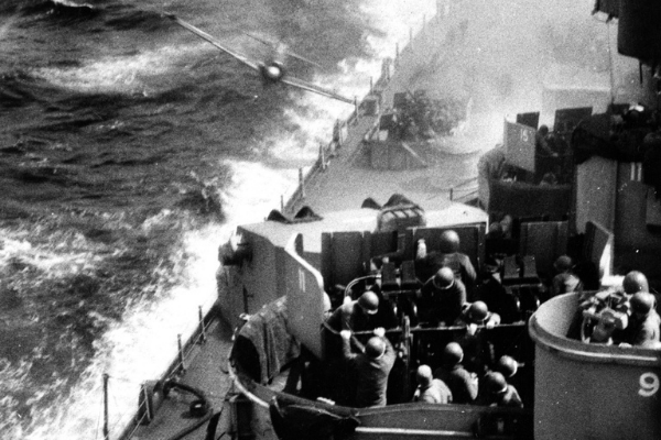 USS Missouri moments from being hit by Japanese Kamikaze. Collection of Fleet Admiral Chester W. Nimitz. U.S. Naval History and Heritage Command Photograph.