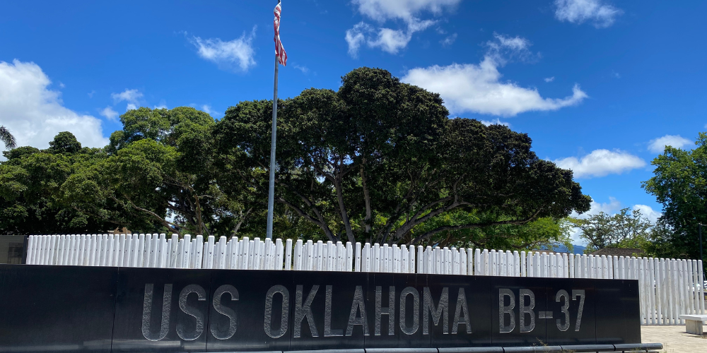 The USS Oklahoma Memorial located just outside the USS Missouri on Ford Island.