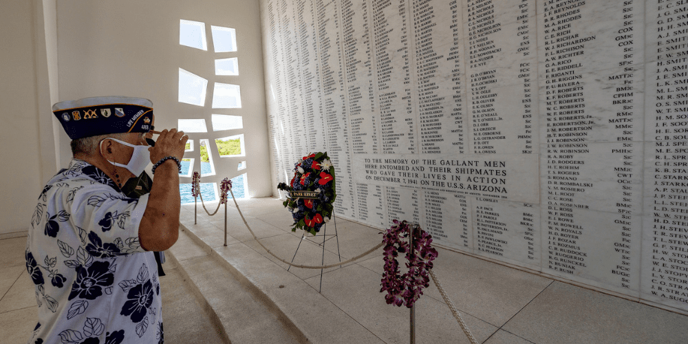 Untitled design (6) Henry Lee, a Pearl Harbor survivor and U.S. Army Veteran renders honors in the USS Arizona shrine room.