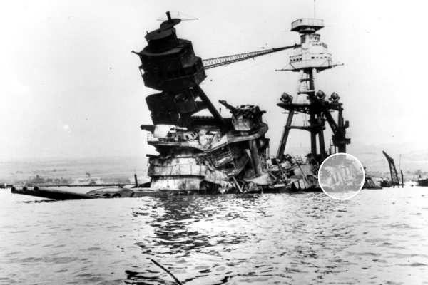Wreckage of USS Arizona with location of the Museum's relic highlighted.