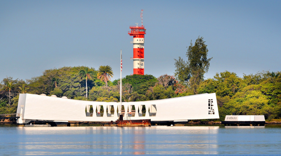 USS Arizona Memorial and Ford Island Control Tower.