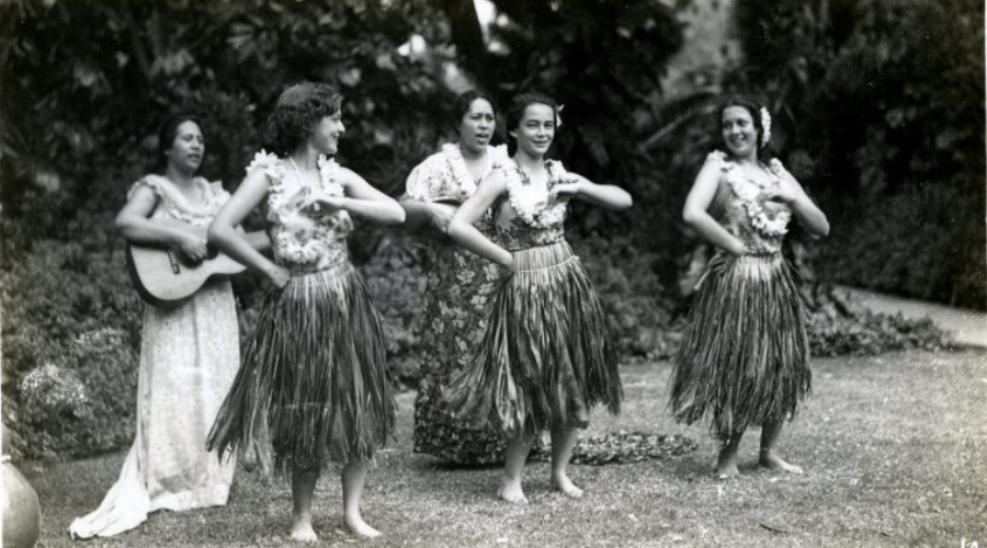 Luau celebration in the 1940s, full of food, dance, music, and celebrations.