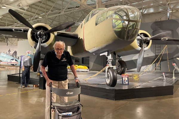 Ed Jurkens with the Museum's B-25, a type of aircraft he has flown many times