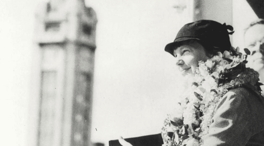Amelia Desktop 7 Earhart sailing past Aloha Tower upon arrival in Honolulu on December 27, 1934. Hawaii Department of Transportation Airport Division Image.