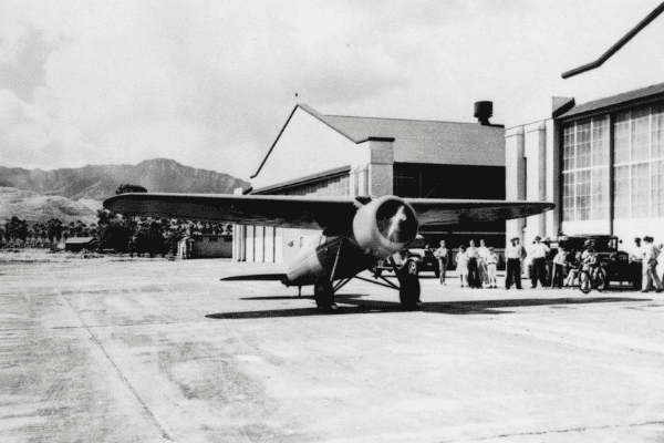 Amelia Earhart Mobile 1 Earhart’s Vega at Wheeler Field. Hawaii Department of Transportation Airport Division Image.
