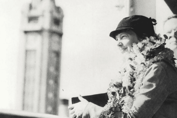 Amelia Earhart Mobile 2 Earhart sailing past Aloha Tower upon arrival in Honolulu on December 27, 1934. Hawaii Department of Transportation Airport Division Image.
