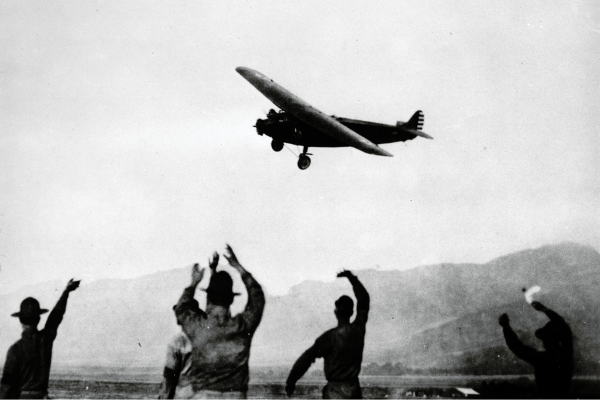 “Bird of Paradise” landing at Wheeler Field after completing the first non-stop flight from California to Hawaii.