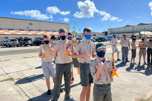 Boy Scouts participating in Space Exploration Merit Badge program at Pearl Harbor Aviation Museum.