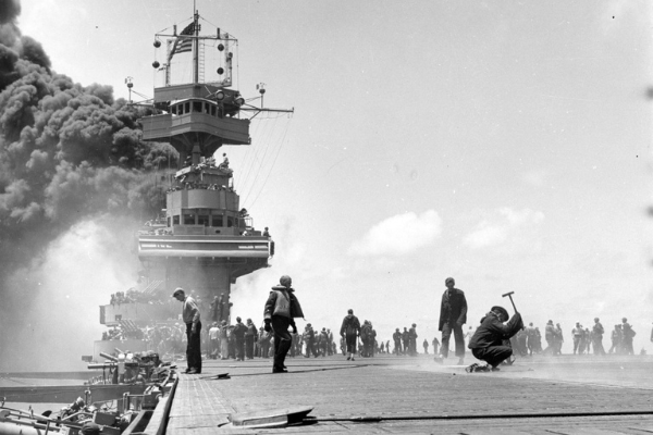 Scene on board USS Yorktown (CV-5), shortly after she was hit by three Japanese bombs on 4 June 1942.