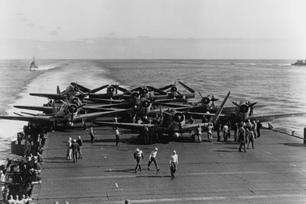 Untitled design (58) Torpedo Squadron Six (VT-6) TBD-1 aircraft are prepared for launching on USS Enterprise (CV-6) at about 0730-0740 hrs, 4 June 1942.