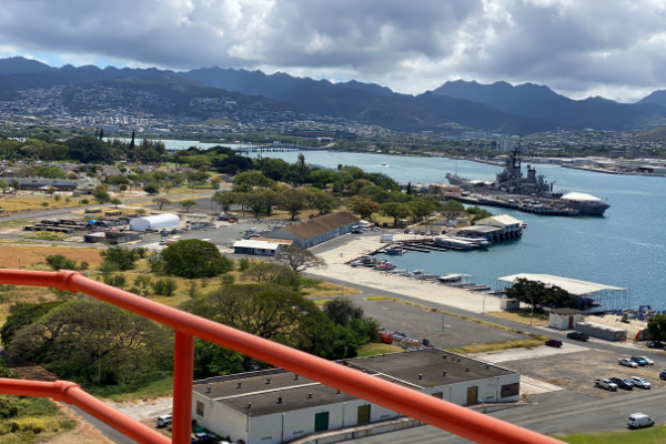 View of Battleship Missouri and USS Arizona Memorial from the Top of the Tower