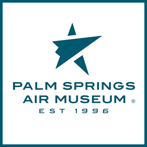 Logo for Palm Springs Air Museum. White square outlined in navy with star and text in center.