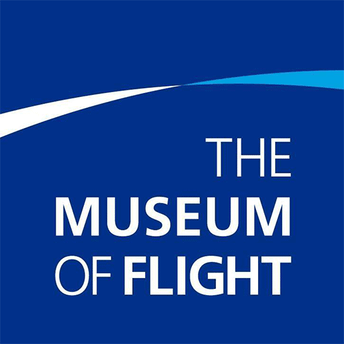 Logo for Museum of Flight, jewel tone blue square with two rays of white and light blue. White text below with the museum name.