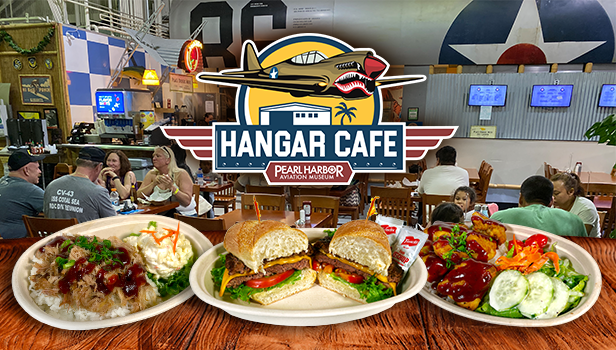 Hangar Cafe Logo imposed on picture of cafe table filled with food.