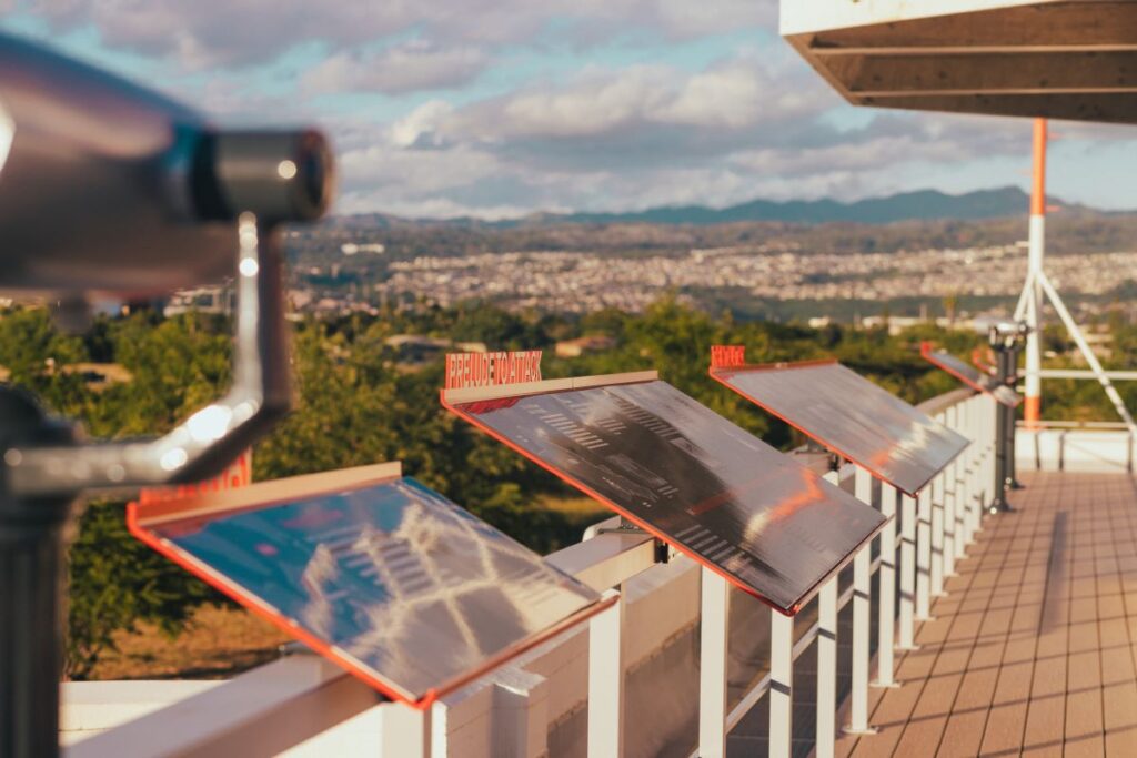 Overlooking the informational displays on the Rooftop Terrace